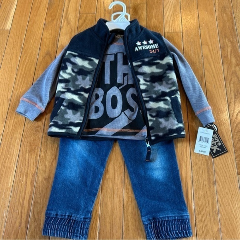 New NWT $46 Boys Rock 3-Piece Camo Vest T-Shirt Blue Jeans Outfit Size 24 Months